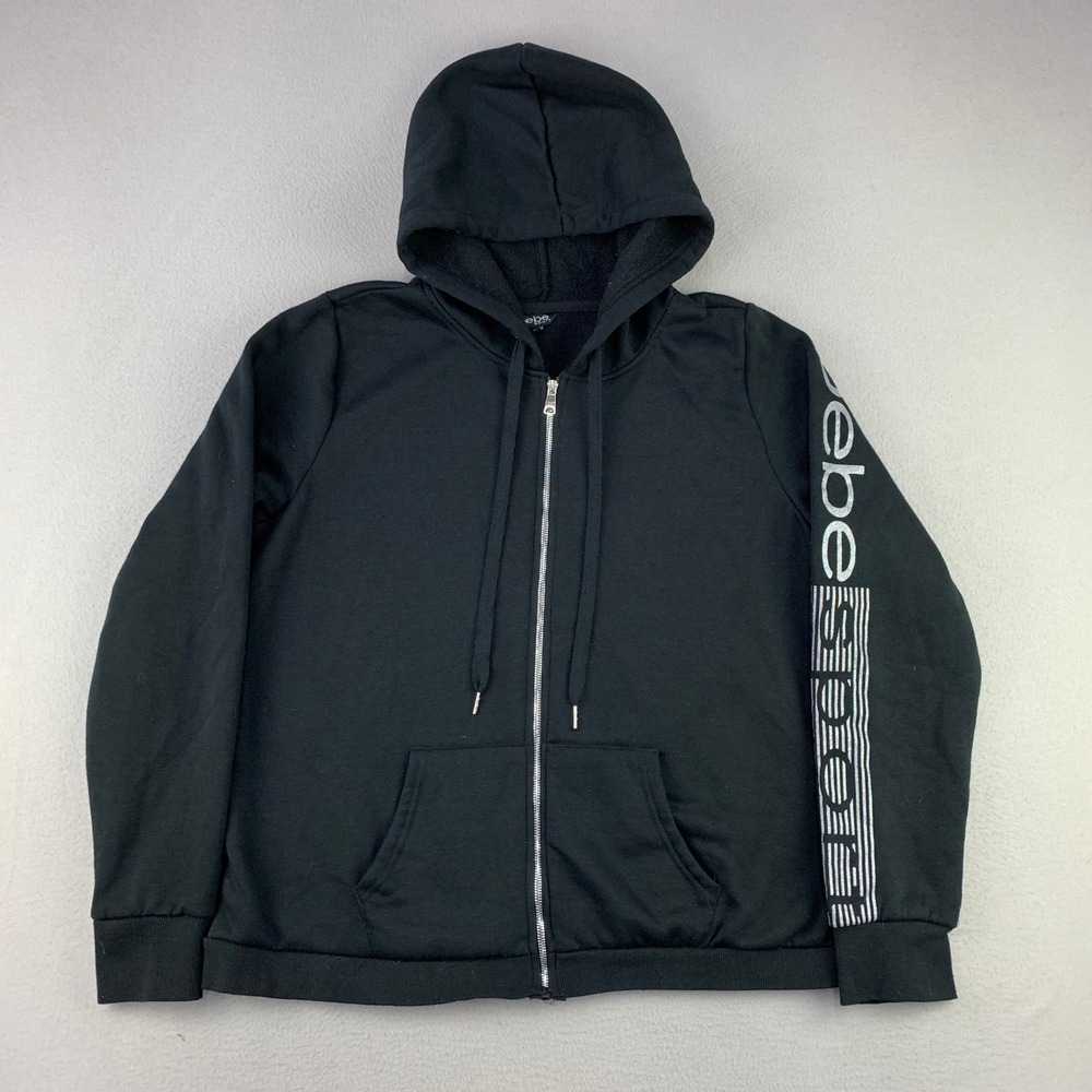 Bebe Sport Full Zip Hoodie Women 2X‎ Black Athleisure Logo Sleeve Y2K Fleece